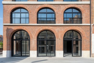 Fototapeta premium New urban building featuring classic brick architecture with arched windows and modern design elements in a bustling city neighborhood during daylight