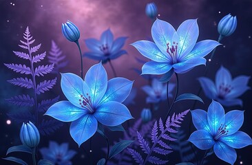 Fantasy-inspired floral texture,bioluminescent radiant lilies floating in a dreamlike. Fantasy-themed branding, gaming industry, sci-fi book covers, fashion prints, immersive art, Wallpaper, Banner