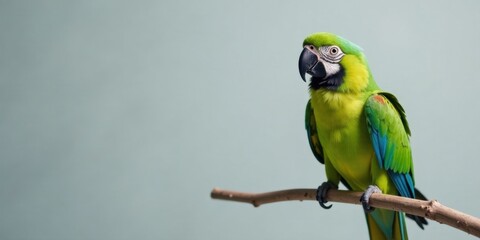 Fototapeta premium A vibrant green parrot perched on a branch against a soft, muted background, showcasing its striking plumage and captivating gaze.