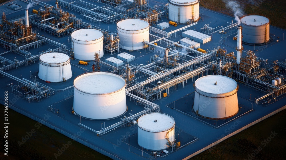 Poster an aerial view of a large industrial facility with multiple storage tanks and pipelines, showcasing 