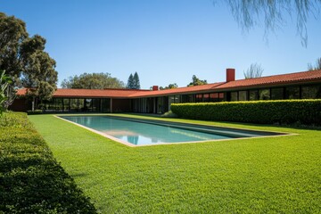 Contemporary home featuring a vibrant green landscape and a tranquil swimming pool, all bathed in the warm glow of bright daylight