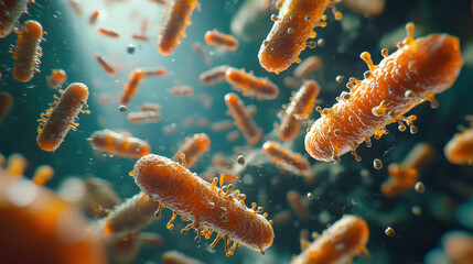 Fototapeta premium Bacteria invading the bloodstream with red blood cells under intense attack in a cinematic macro depiction