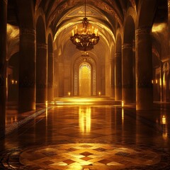Obraz premium Illuminating Opulent Golden Chandelier in Byzantine Palace Hall, Luxurious Interior Architecture, Grand Atmosphere, Captivating View