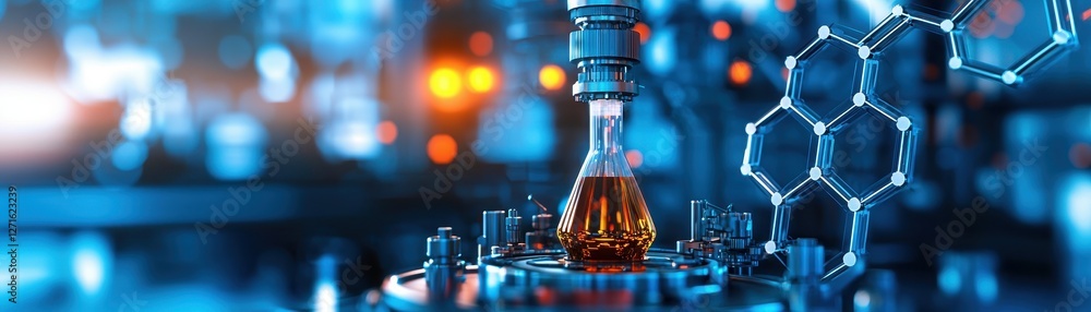 Poster a laboratory setting featuring a flask with brown liquid, surrounded by futuristic technology and gl