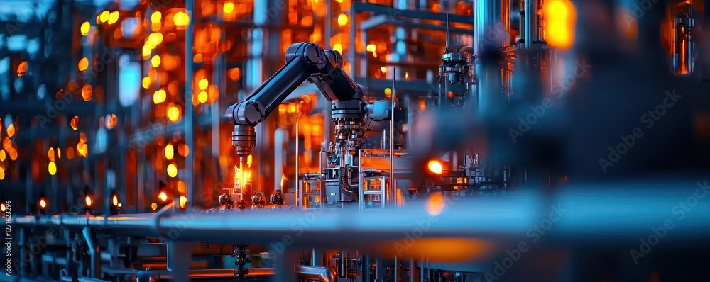 Poster a high-tech industrial scene featuring robotic arms and illuminated pipelines, showcasing automation