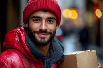 Delivery Service man Holding Package and Smiling