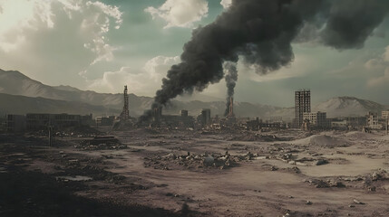 Post-Apocalyptic Wasteland: A Desolate Cityscape Under a Smoky Sky