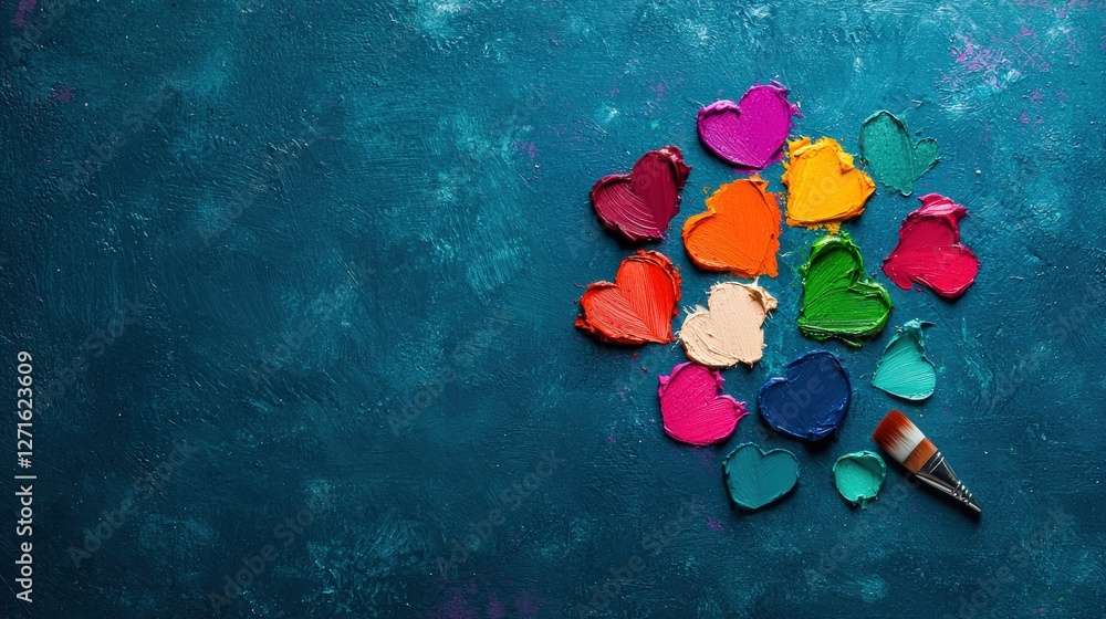 Poster a vibrant display of heart-shaped paint blobs on a dark backdrop, showcasing a variety of colors and