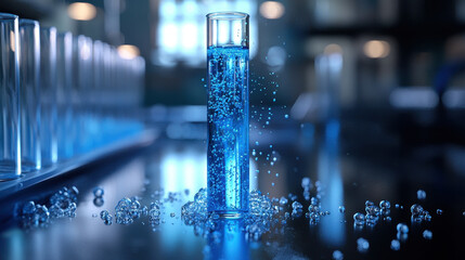Liquid hydrogen evaporates from a test tube creating intricate details and cold mist effects in a laboratory setting