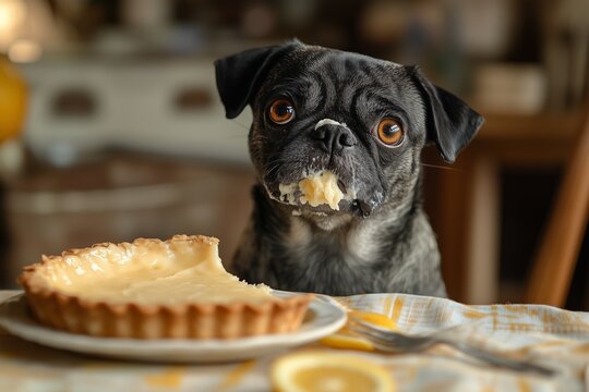 A playful pug sits at a table with frosting smeared all over its snout, a clear indication of its delightful dessert escapade. The pug’s large, expressive eyes gaze eagerly at a slice of cake