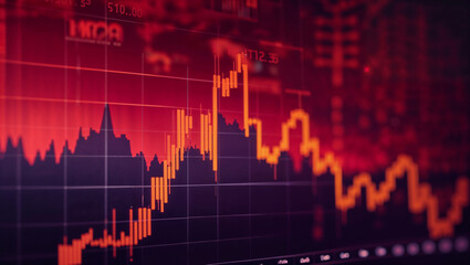 Fototapeta premium Grafico dell'andamento delle azioni in borsa del mercato finanziario su sfondo rosso e viola