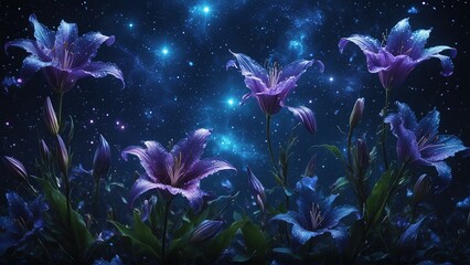 Fantasy Bioluminescent glowing blue radiant lilies Texture. Wallpaper, Banner, Poster, Fantasy-themed branding, gaming industry, sci-fi book covers, fashion prints, immersive art installations