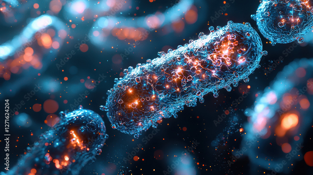 Poster high-tech visual representation of bacteria undergoing molecular transformation and adapting to anti