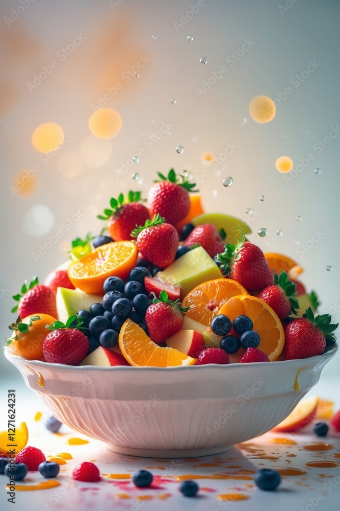 Poster fresh fruit salad overflowing with colorful berries and citrus on a bright background for a refreshi