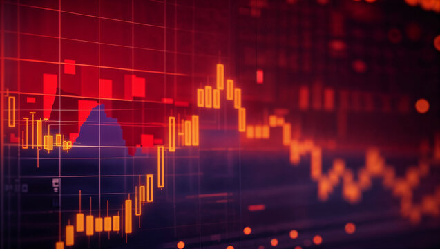 Grafico dell'andamento delle azioni in borsa del mercato finanziario su sfondo rosso e viola