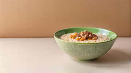 Bowl of creamy oatmeal topped with nuts and dried fruits on a neutral background