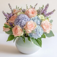 Floral Arrangement Display Elegant Setting Nature Indoor Close-up Soft Pink and Blue Blooms in a Ceramic Vase