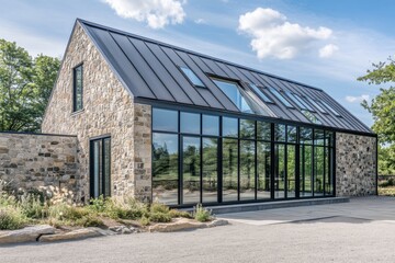 Obraz premium Modern stone and glass house in a serene landscape with a clear blue sky, showcasing a harmonious blend of natural materials and contemporary design elements