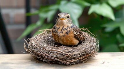 Bird in Nest on Wooden Surface