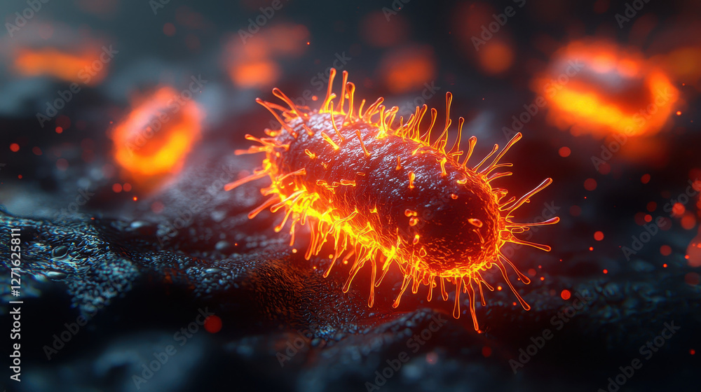 Poster hyper-realistic depiction of bacteria infiltrating human tissue with glowing structures and biofilm 