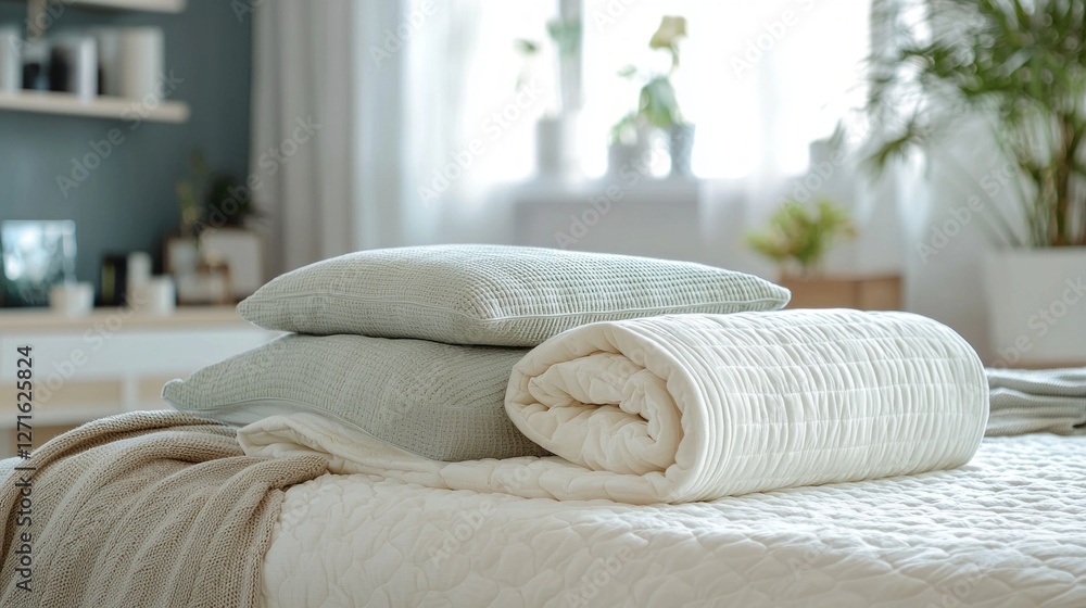 Aufkleber Luxurious layers of a soft blanket and inviting pillows rest on a neatly made bed, illuminated by gentle sunlight filtering through sheer curtains, creating a serene atmosphere