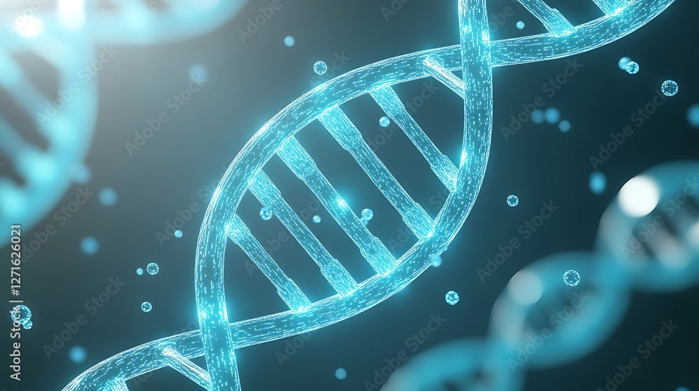 Poster Ultra-detailed 3D rendering of human DNA molecules showcasing intricate structures and vibrant colors for scientific and educational use.