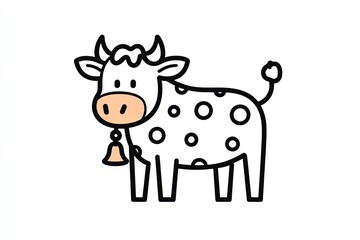 Cartoon-style outlined cow with simple spots and a bell.