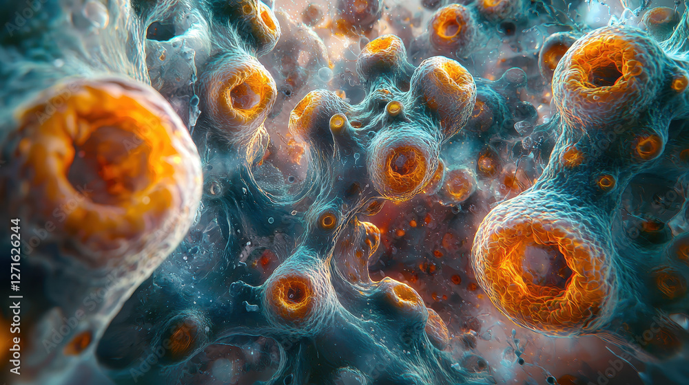 Poster macro view of bacteria invading lung tissue with photorealistic detail and vibrant colors showcasing