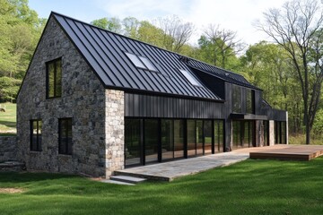 Obraz premium A contemporary stone house featuring expansive glass windows is beautifully situated amidst a vibrant green landscape, basking in the bright light of day