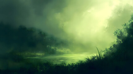 Enigmatic Green Lake in Misty Forest