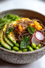 Delicious Soba Noodle Bowl with Avocado, Edamame, and Radish - A Colorful and Nutrient-Rich Vegan Meal Perfect for Healthy Dining