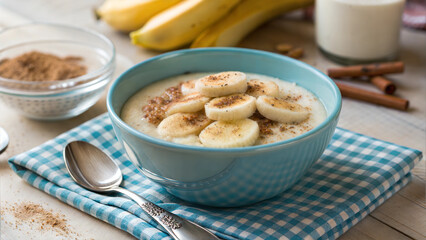 Bowl of creamy oatmeal topped with banana slices and cinnamon on a checkered tablecloth
