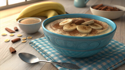 Fototapeta premium Bowl of creamy oatmeal topped with banana slices and cinnamon on a checkered tablecloth