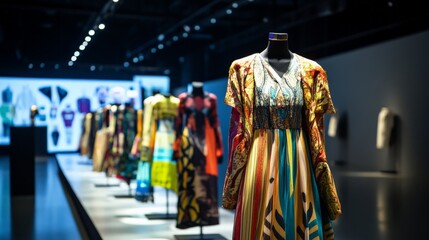 International fashion exhibition featuring runway models, interactive clothing displays, and digital showcases of sustainable fashion trends, blending business with creativity.