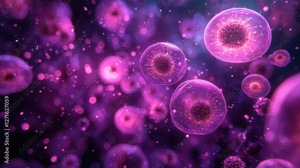Poster microscopic view of rapidly multiplying bacterial colonies with glowing structures showcasing high-t