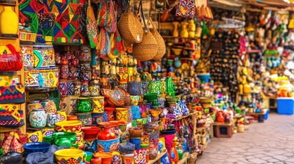Fototapeta premium Vibrant Moroccan Souk: A Kaleidoscope of Colorful Pottery and Crafts