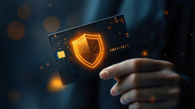 Smart banking security – a credit card with a glowing orange holographic shield icon, symbolizing digital fraud prevention, secure transactions, and encrypted financial data.