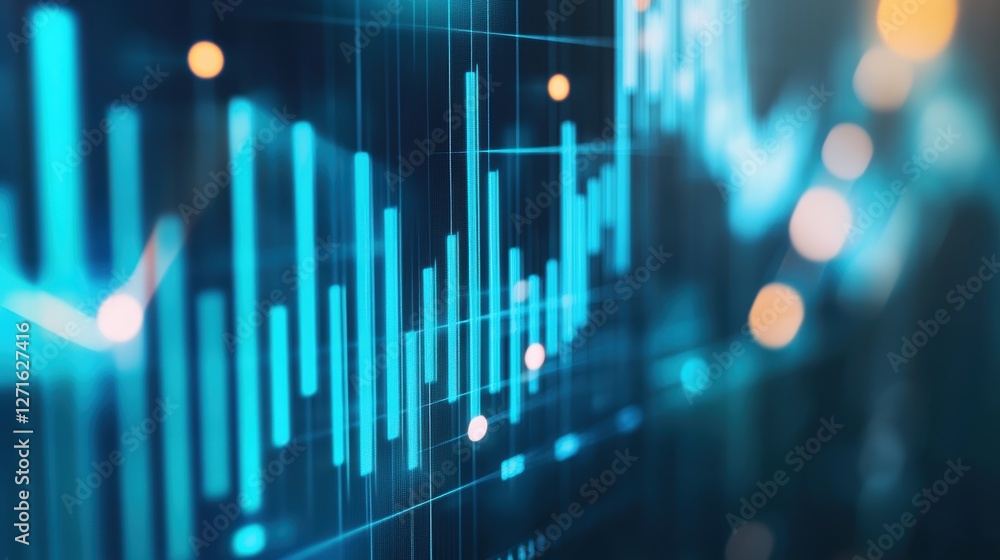 Poster stock market data visualization with financial graphs and trading statistics on digital screen, show