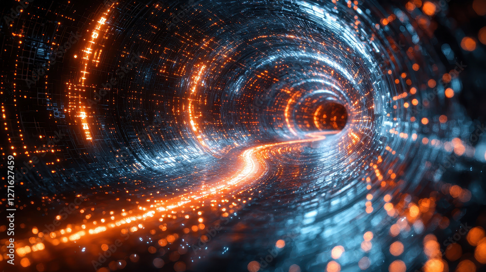 Poster mesmerizing visualization of subatomic particles colliding in a high-energy accelerator revealing gl
