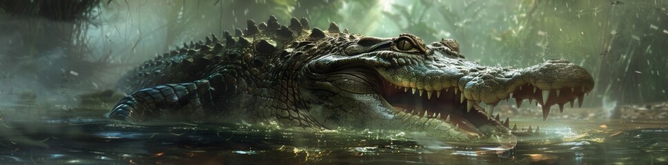 Obraz premium A large, menacing crocodile emerges from a misty swamp, showcasing its sharp teeth and armored scales in a dense, vibrant ecosystem.