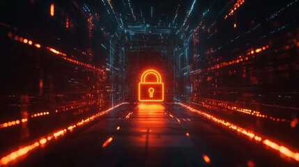 Futuristic glowing digital padlock inside a neon cyber tunnel, representing internet security and encrypted data.