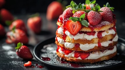 Strawberry shortcake with whipped cream and fresh berries on a black plate, perfect for desserts, summer parties, and special occasions. Delicious and inviting.