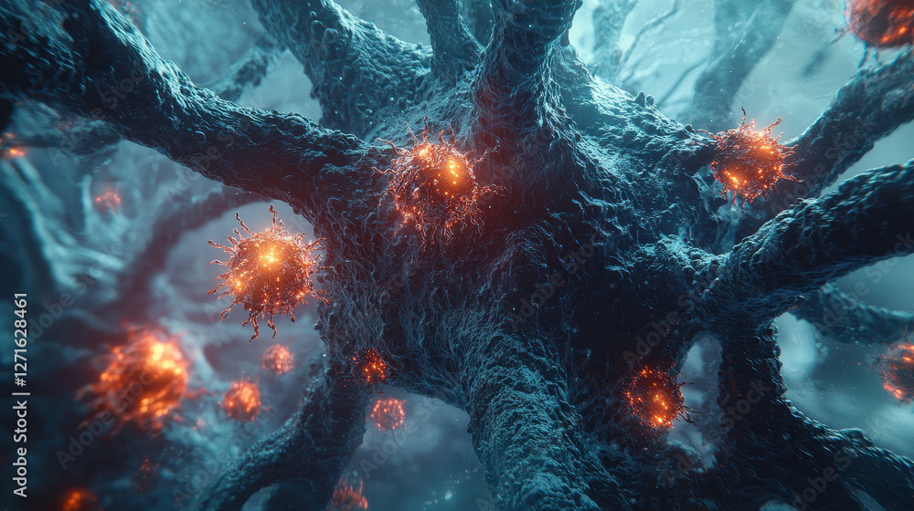 Poster scientific concept art depicts a virus rapidly multiplying in a human body with vivid colors and hig