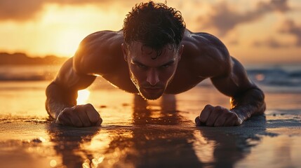 A muscular man performs push-ups on a sandy beach during sunset, showcasing strength and determination against a vibrant sky.