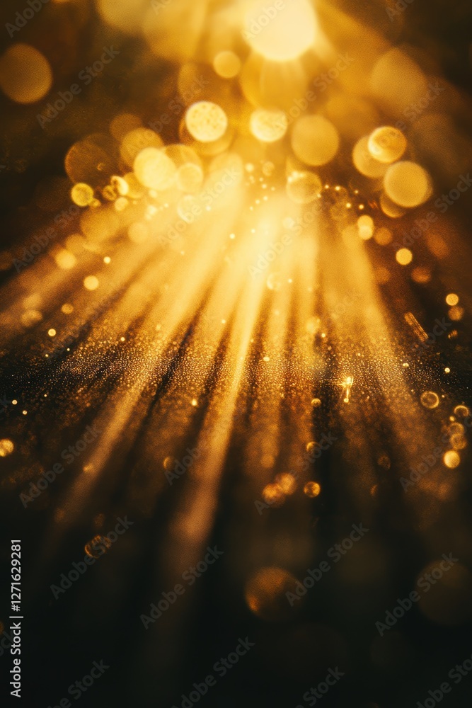 Poster sunlight rays with golden bokeh effect and sparkling dust in a dark background for natural light and