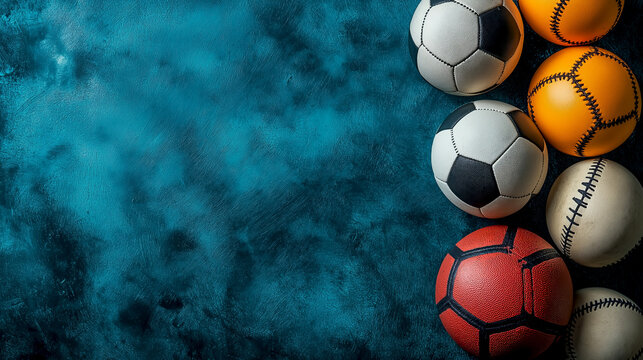 Different types of sports balls are displayed on a blue textured background. The collection includes a soccer ball, basketball, volleyball, and other athletic balls, showcasing diversity.