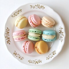 Fototapeta premium Delicate Pastel Macarons Displayed Elegant Plate Dessert Table Food Bright Kitchen Close-Up Culinary Delight