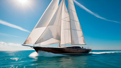 Fototapeta premium A sailboat with white sails is sailing on the sea on a warm summer day.