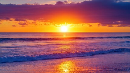 Fototapeta premium Sunset over Ocean Waves: Captivating Beachview with Vibrant Colors and Reflections in the Water for Travel and Nature Photography