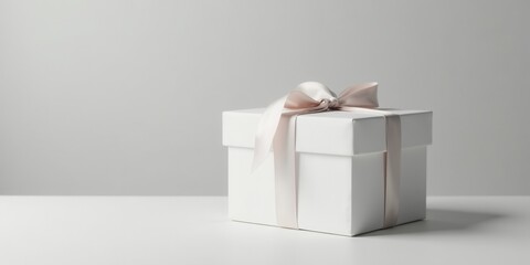 A pristine white gift box adorned with a delicate blush pink satin ribbon, symbolizing elegance and anticipation of a cherished present